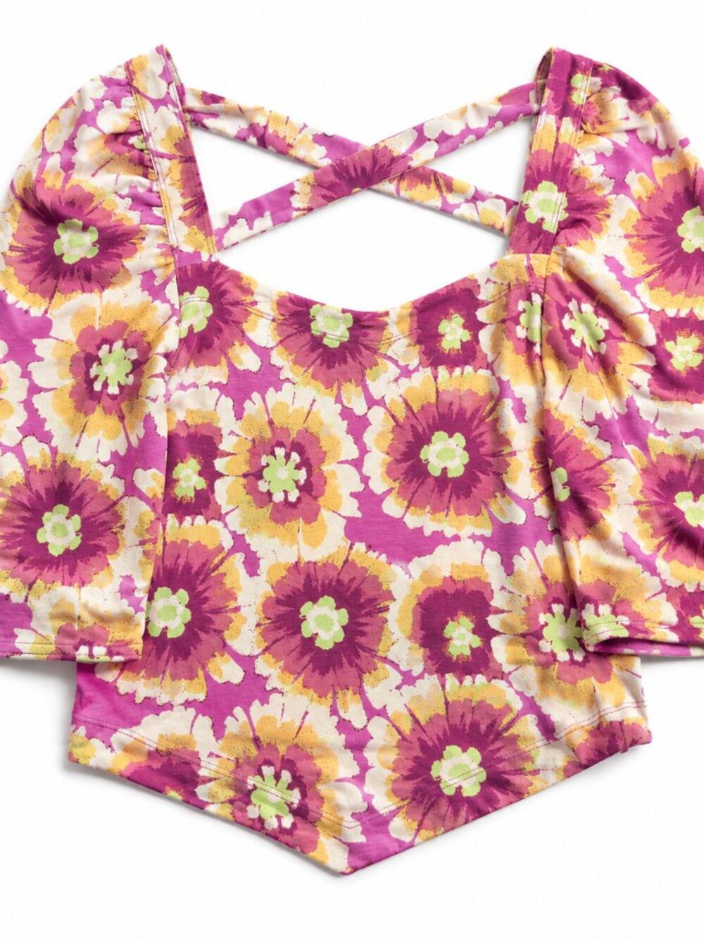 Free People Floral Print Cropped Short Sleeve Pink T-Shirt Magenta Size M